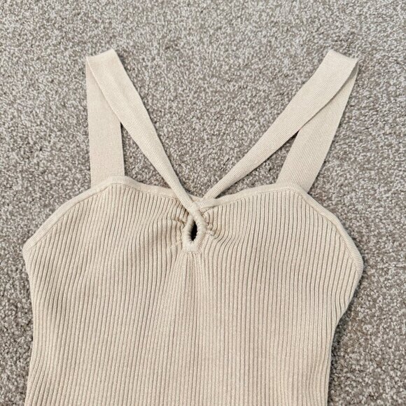 Abercrombie Ribbed Knit Strappy Sweater Thong Bodysuit Top Tan Beige Size Large - Picture 2 of 7